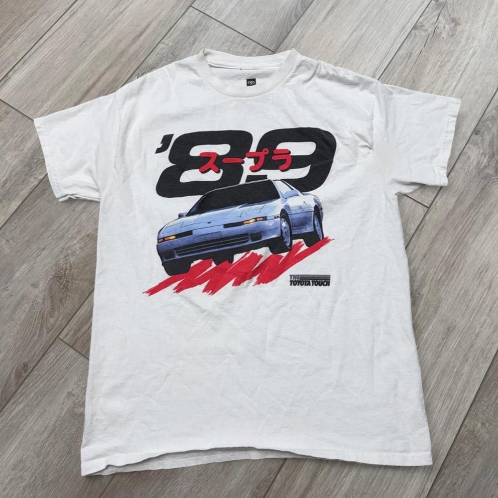 Toyota Supra Turbo white cotton t-shirt with blue car graphic size M